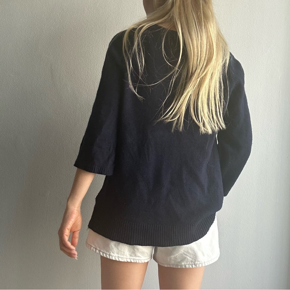 Massimo Dutti Wool Cashmere Blend V Neck Quarter Sleeves Sweater in Navy Blue - Picture 4 of 10